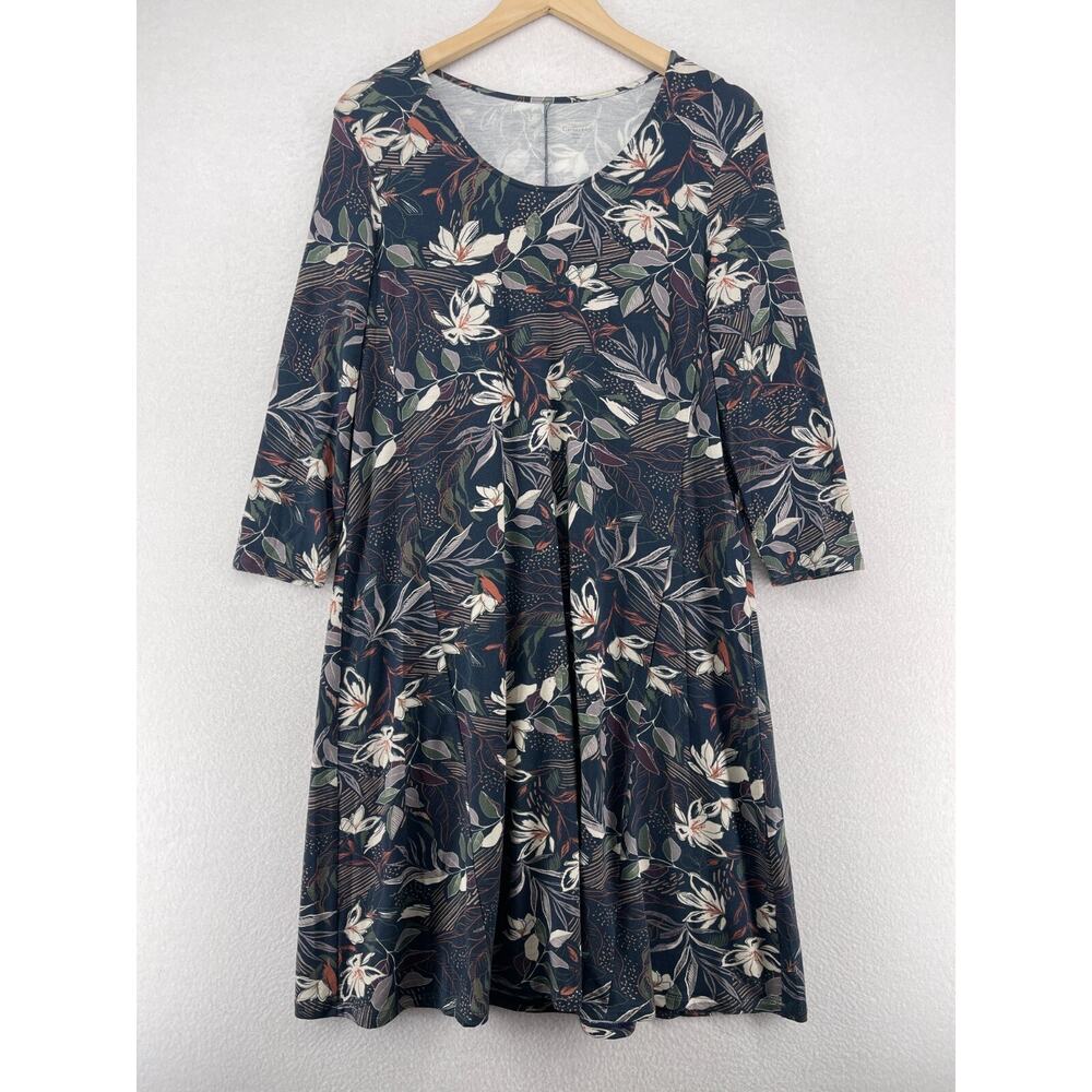 GARNET HILL Dress S Stretch Jersey Trapeze Floral Scoop Neck 3/4 Sleeve Blue